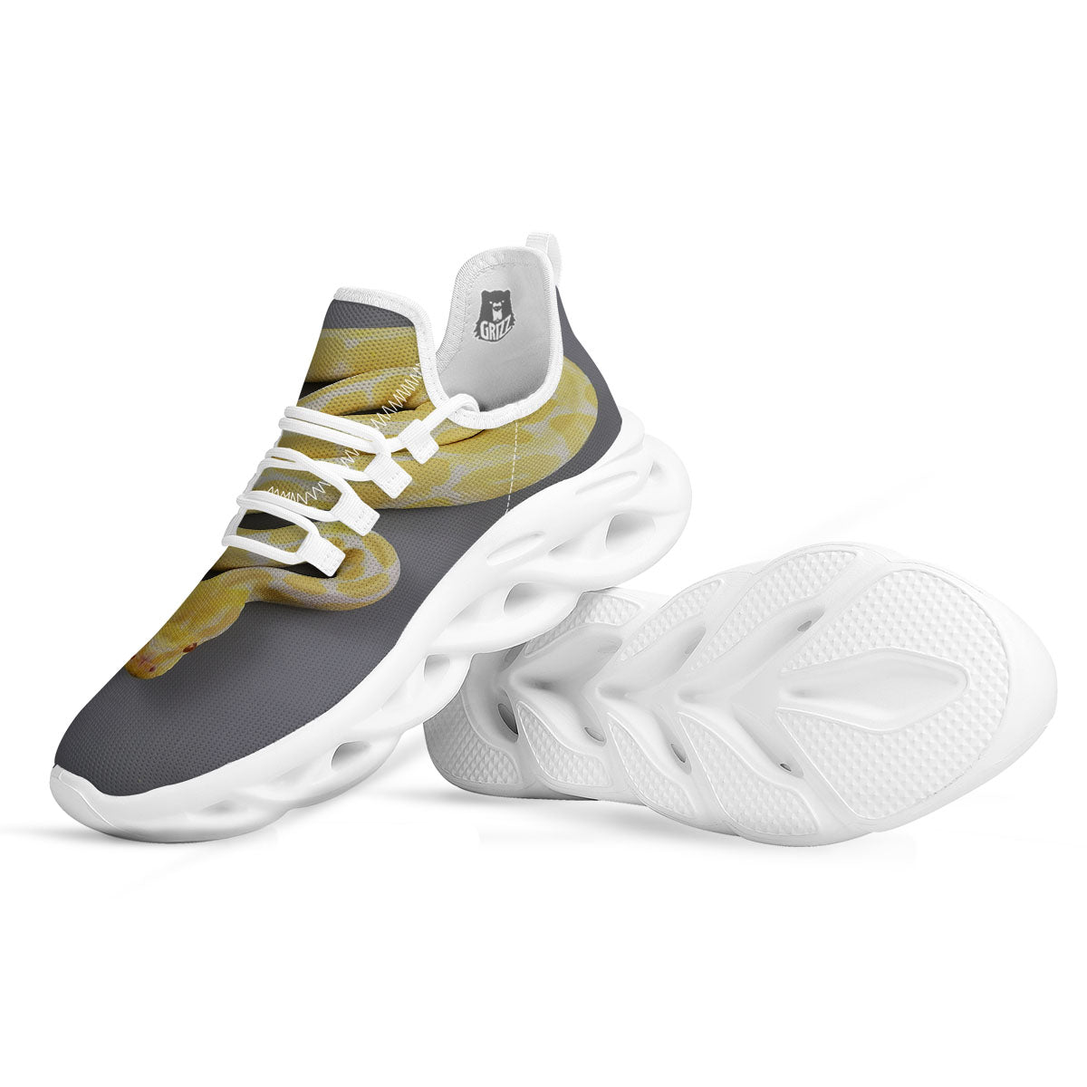 Python Snake Yellow And White Print White Running Shoes-grizzshop