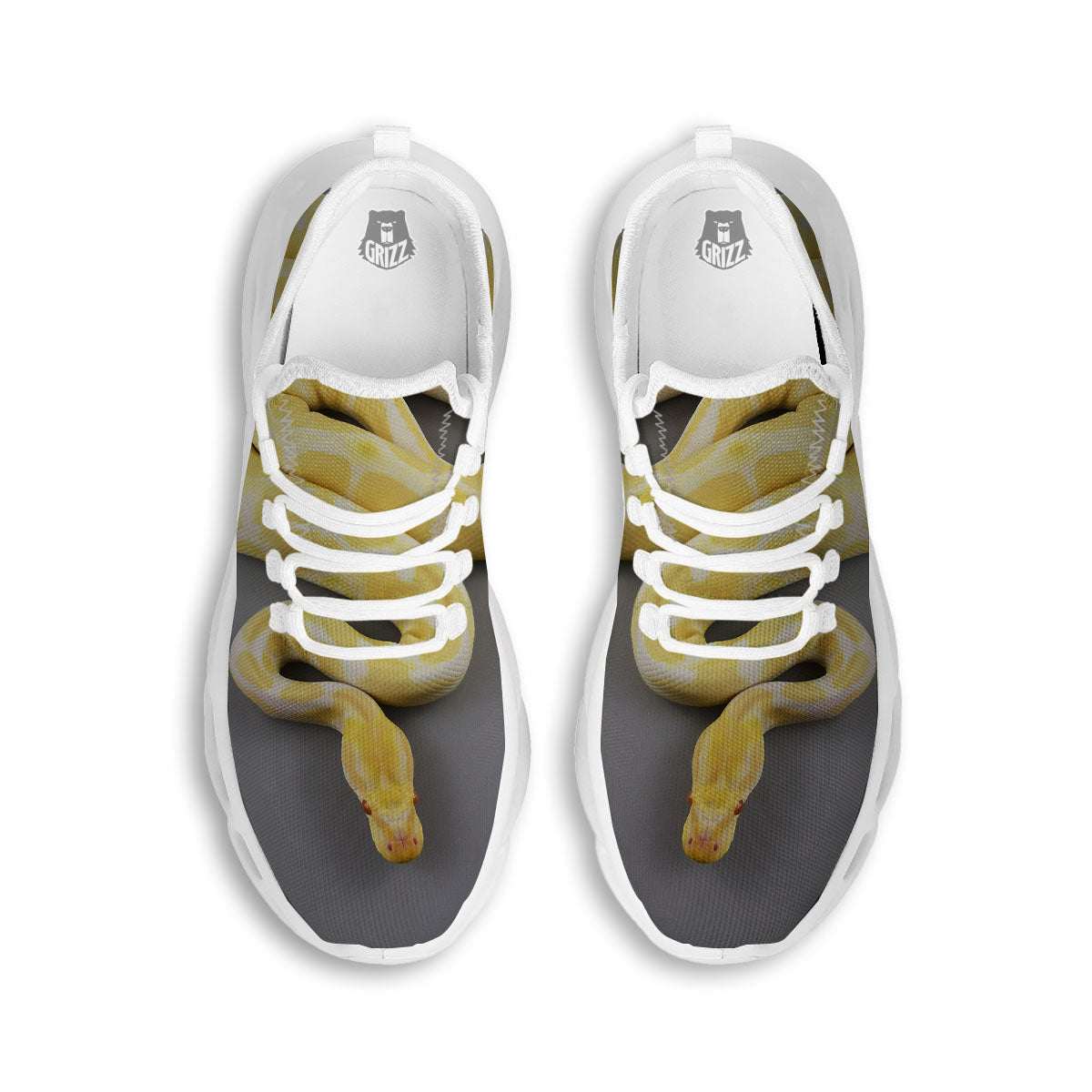 Python Snake Yellow And White Print White Running Shoes-grizzshop