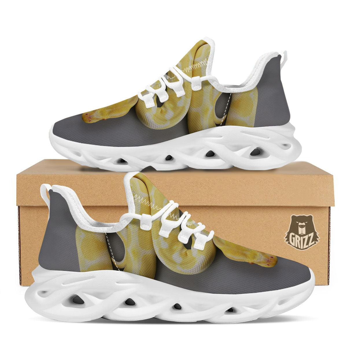 Python Snake Yellow And White Print White Running Shoes-grizzshop