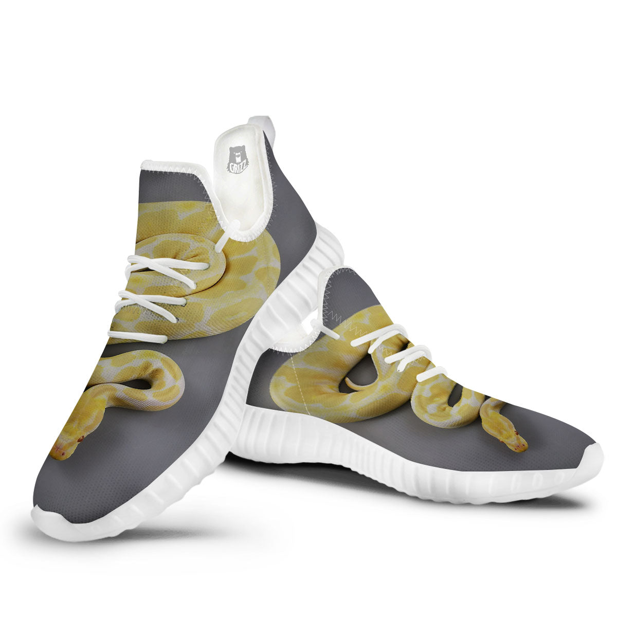 Python Snake Yellow And White Print White Walking Shoes-grizzshop