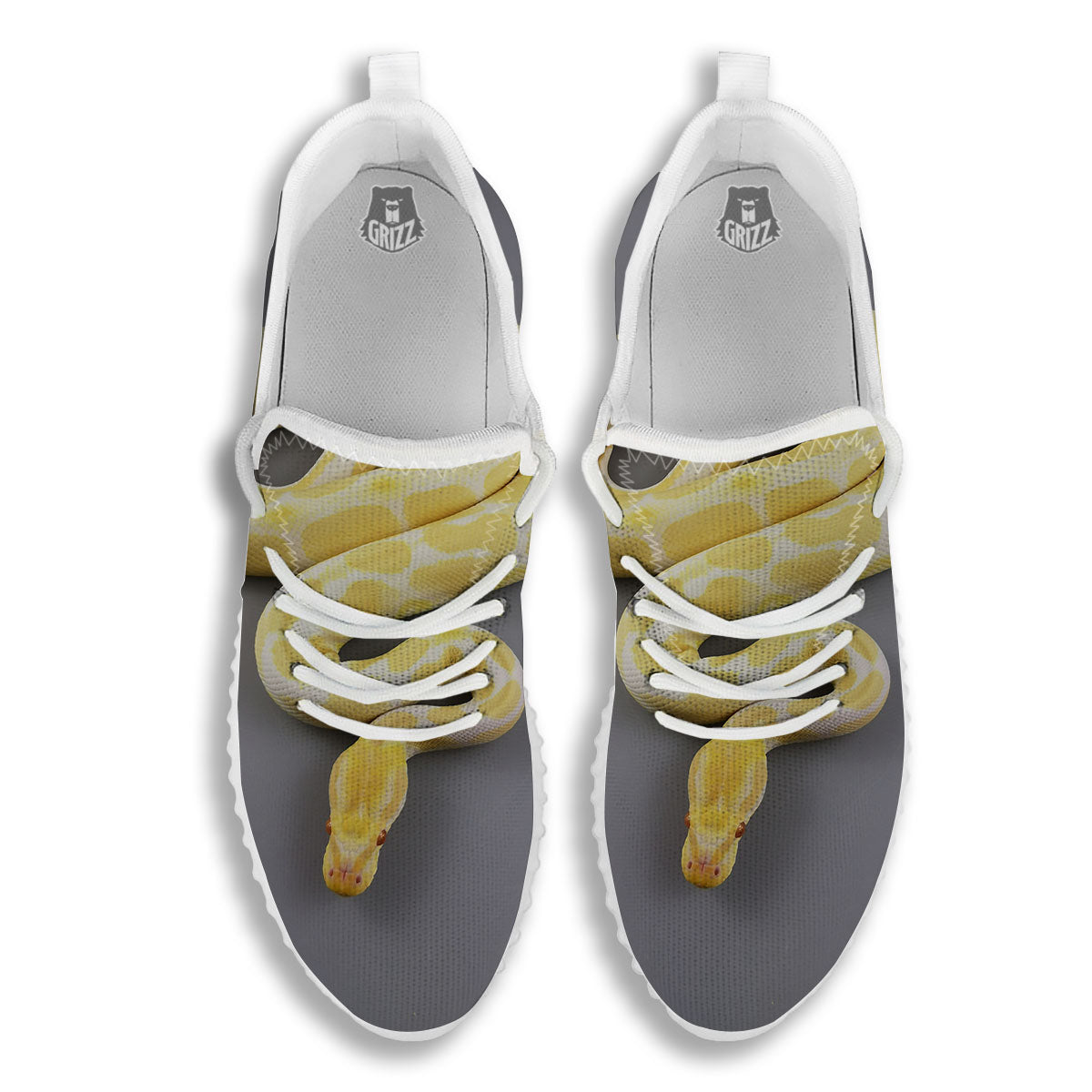 Python Snake Yellow And White Print White Walking Shoes-grizzshop