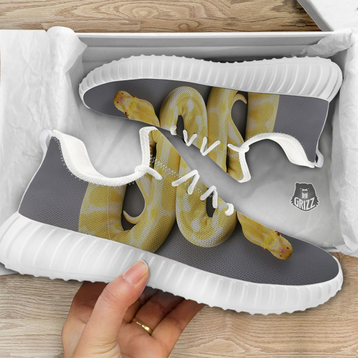 Python Snake Yellow And White Print White Walking Shoes-grizzshop