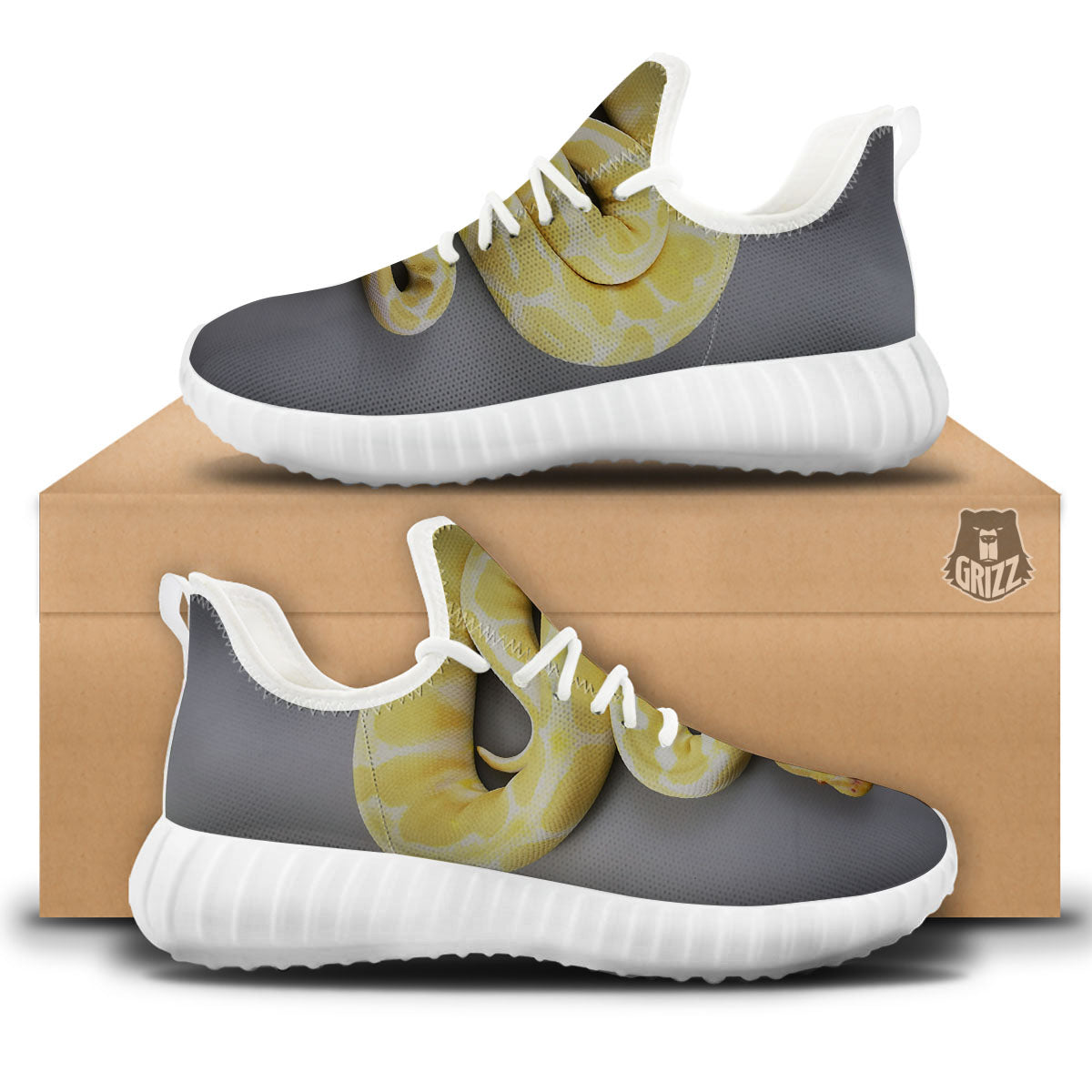 Python Snake Yellow And White Print White Walking Shoes-grizzshop