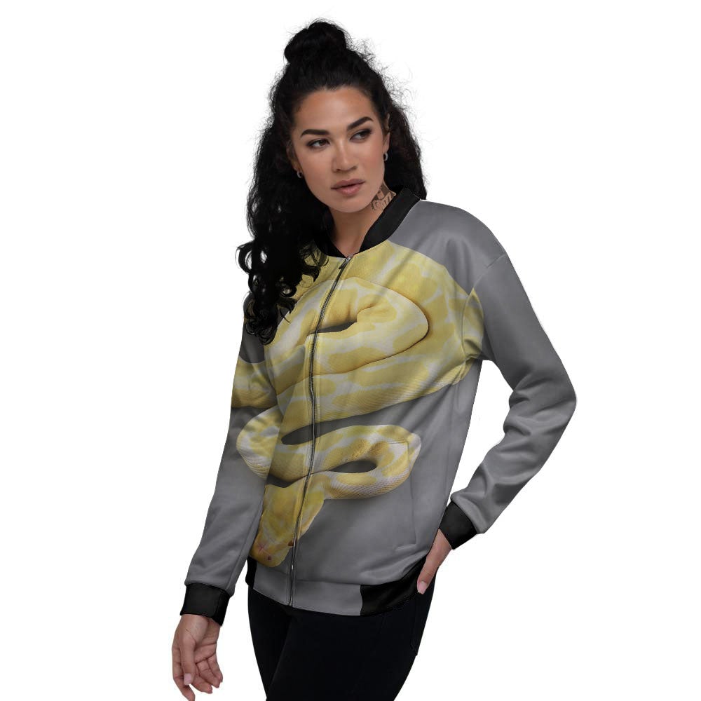 Python Snake Yellow And White Print Women's Bomber Jacket-grizzshop