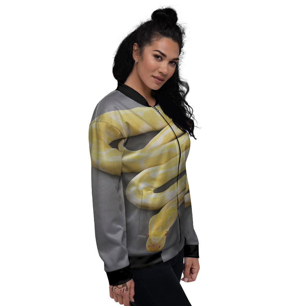 Python Snake Yellow And White Print Women's Bomber Jacket-grizzshop