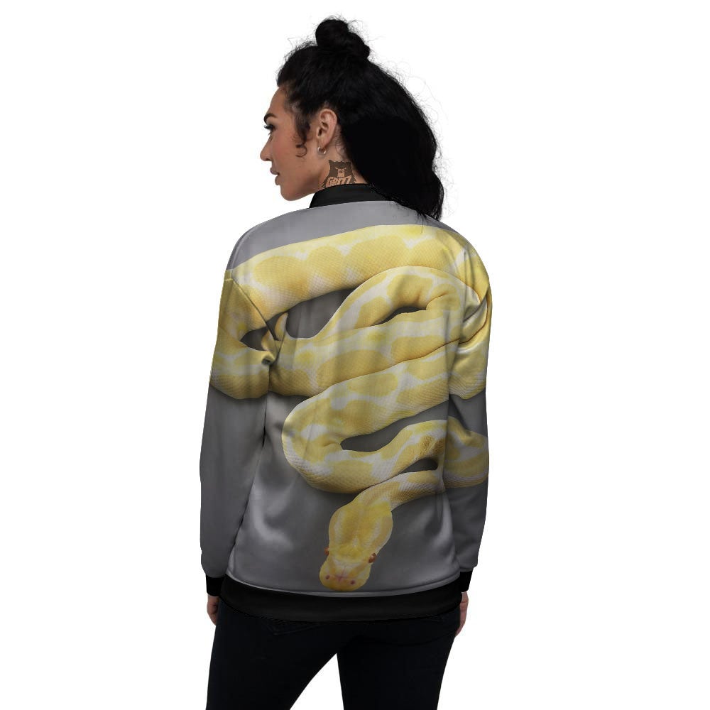 Python Snake Yellow And White Print Women's Bomber Jacket-grizzshop