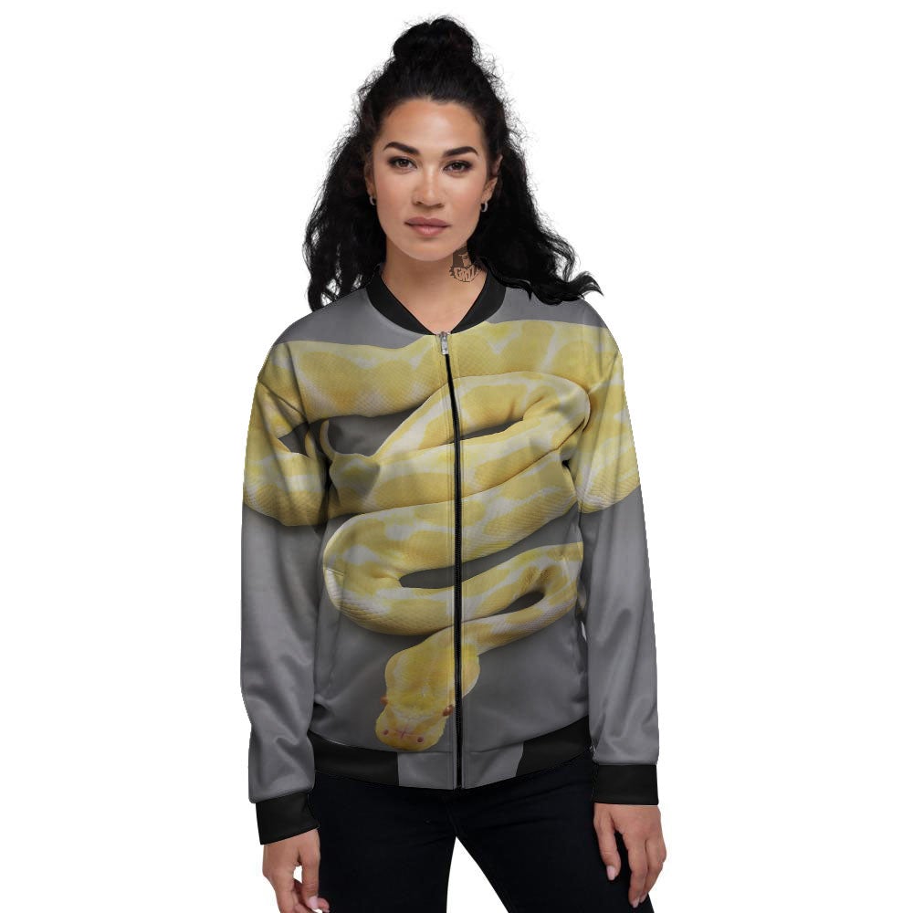 Python Snake Yellow And White Print Women's Bomber Jacket-grizzshop