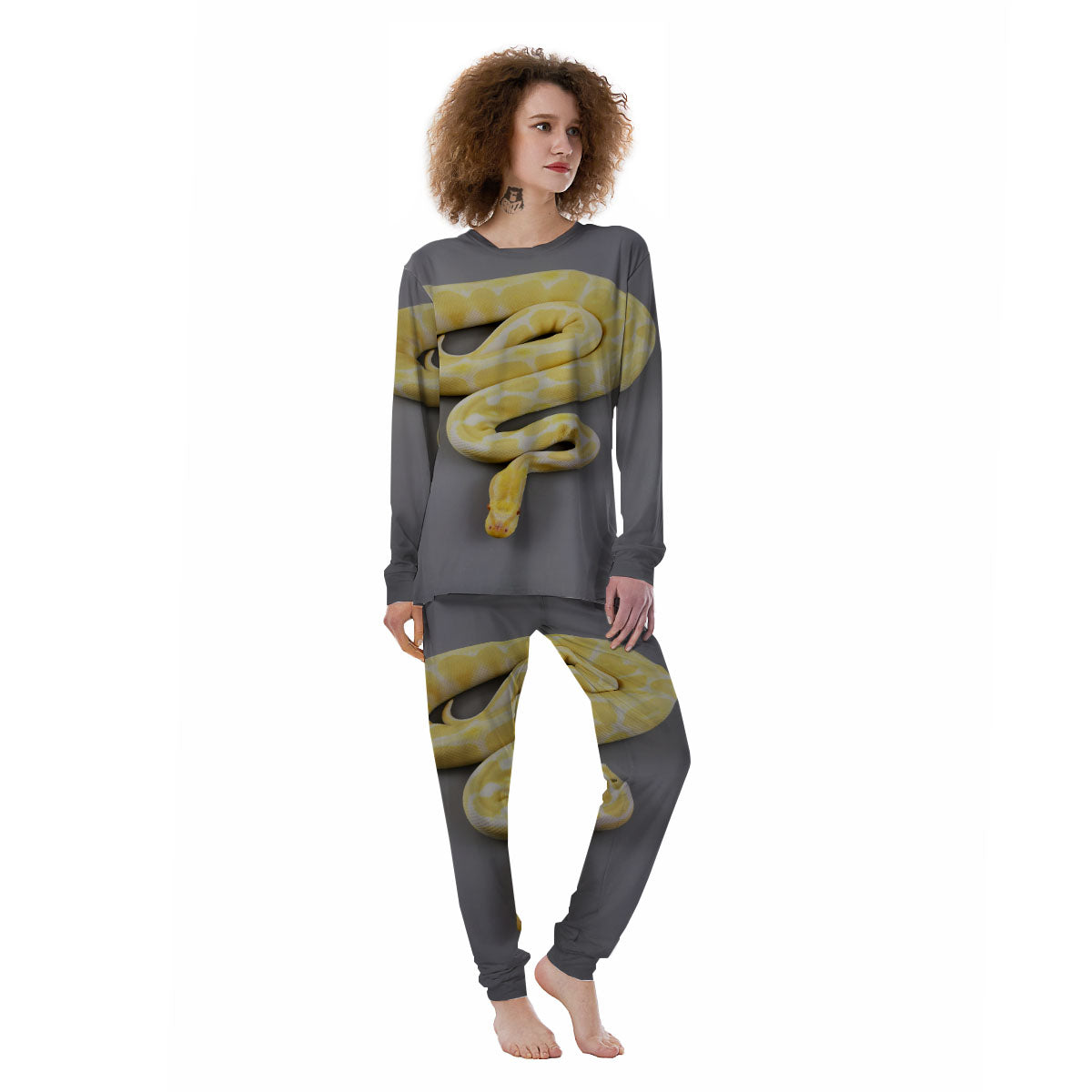 Python Snake Yellow And White Print Women's Pajamas-grizzshop