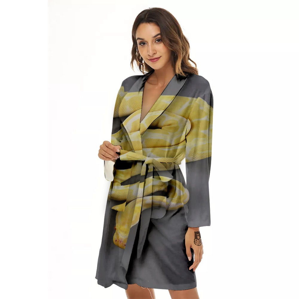 Python Snake Yellow And White Print Women's Robe-grizzshop