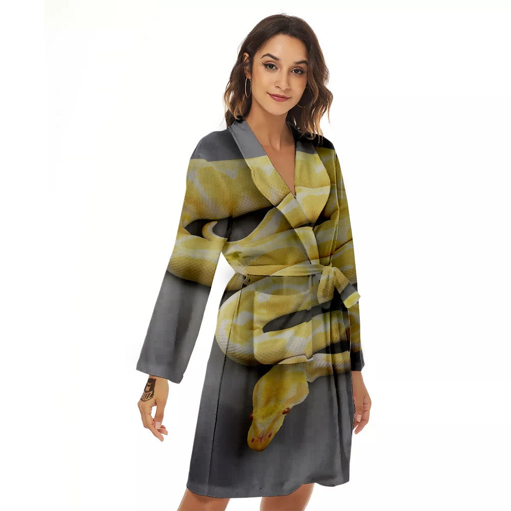 Python Snake Yellow And White Print Women's Robe-grizzshop