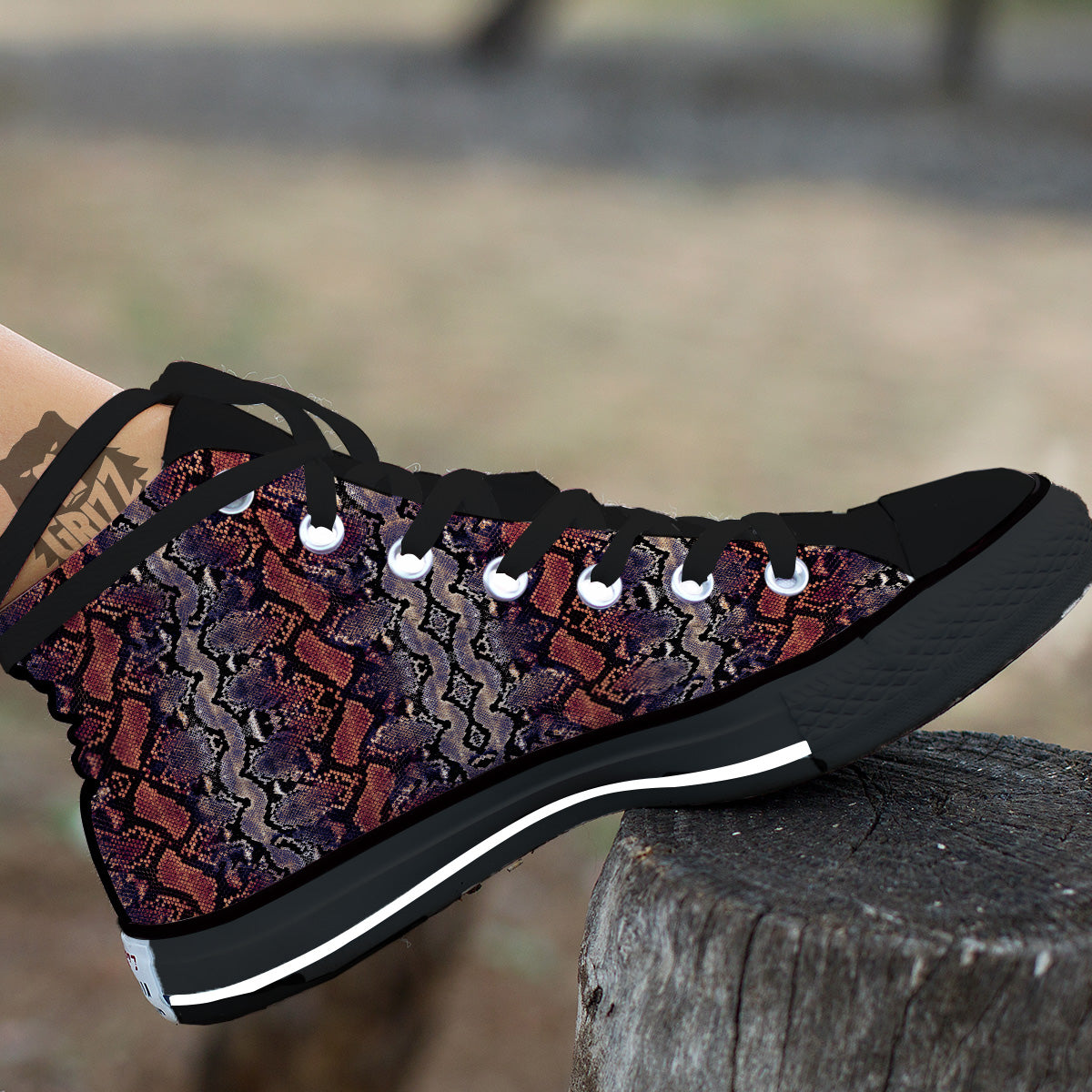 Python Snakeskin Brick Red Print Black High Top Shoes-grizzshop
