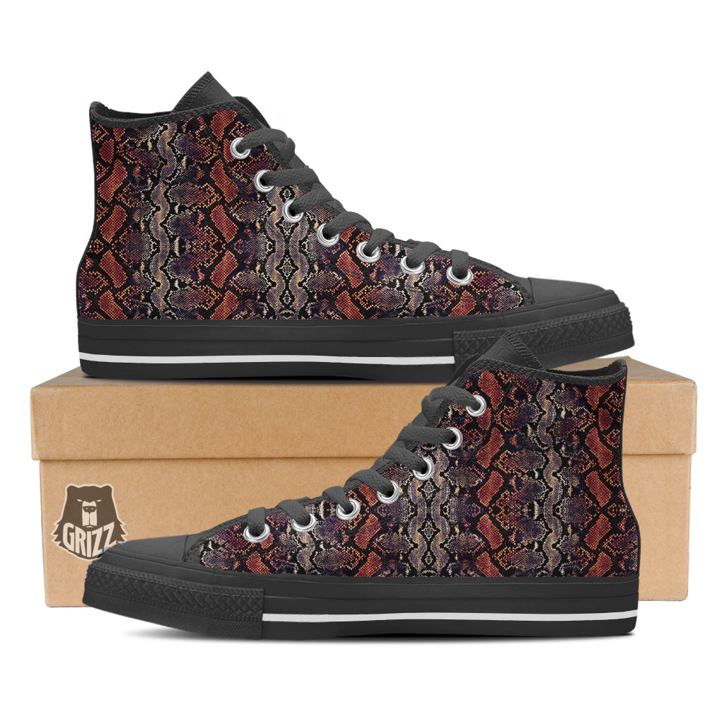 Python Snakeskin Brick Red Print Black High Top Shoes-grizzshop
