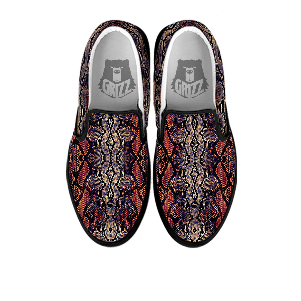 Python Snakeskin Brick Red Print Black Slip On Shoes-grizzshop
