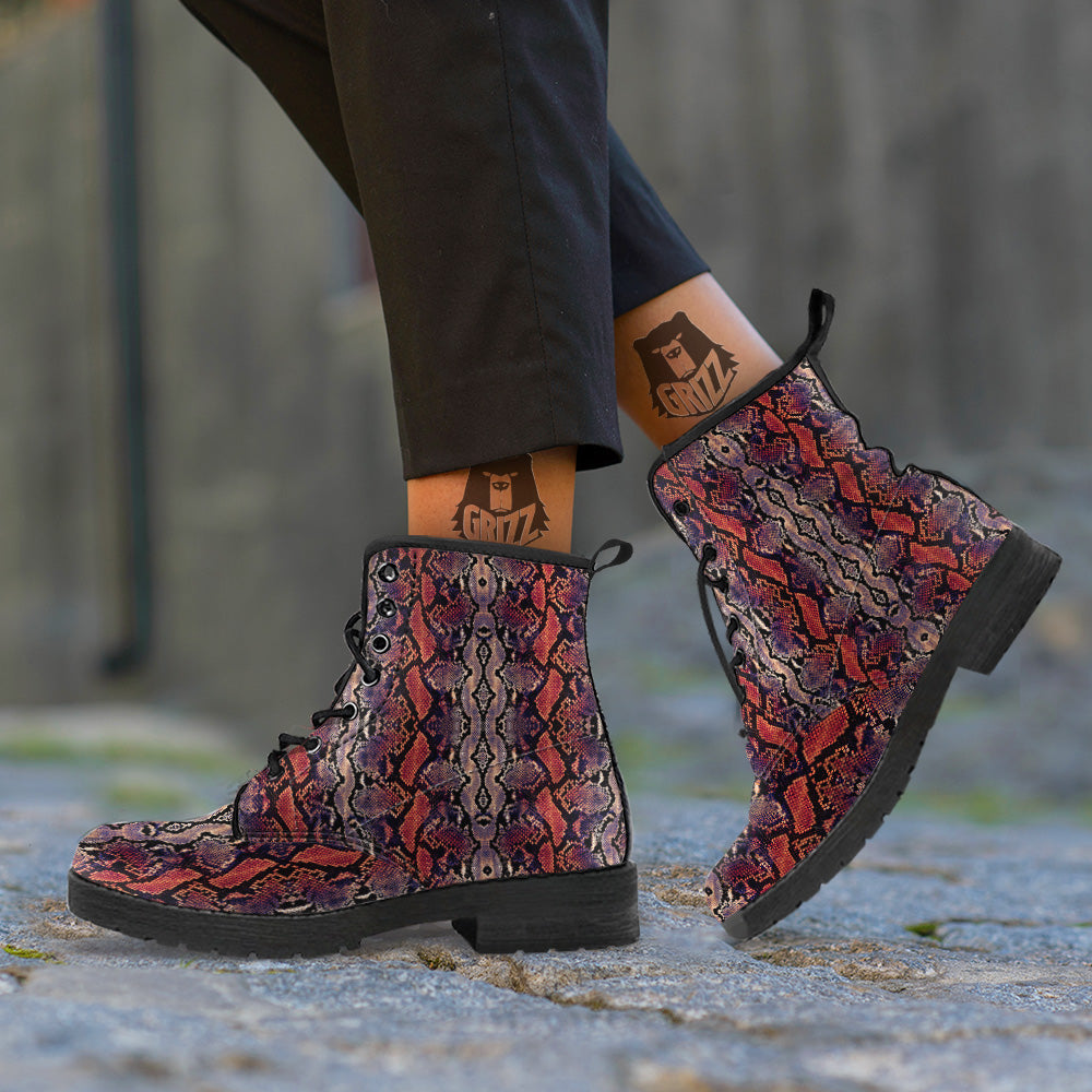 Python Snakeskin Brick Red Print Leather Boots-grizzshop
