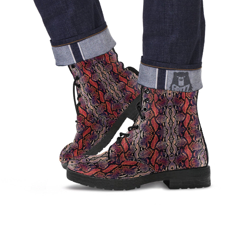 Python Snakeskin Brick Red Print Leather Boots-grizzshop