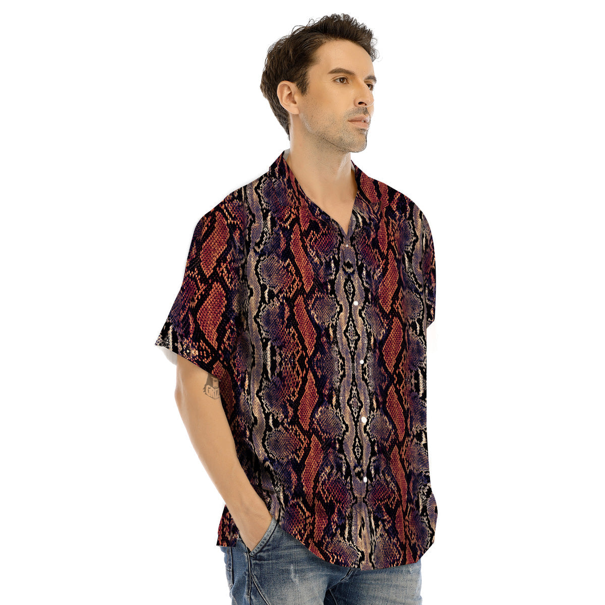 Python Snakeskin Brick Red Print Men's Hawaiian Shirt-grizzshop