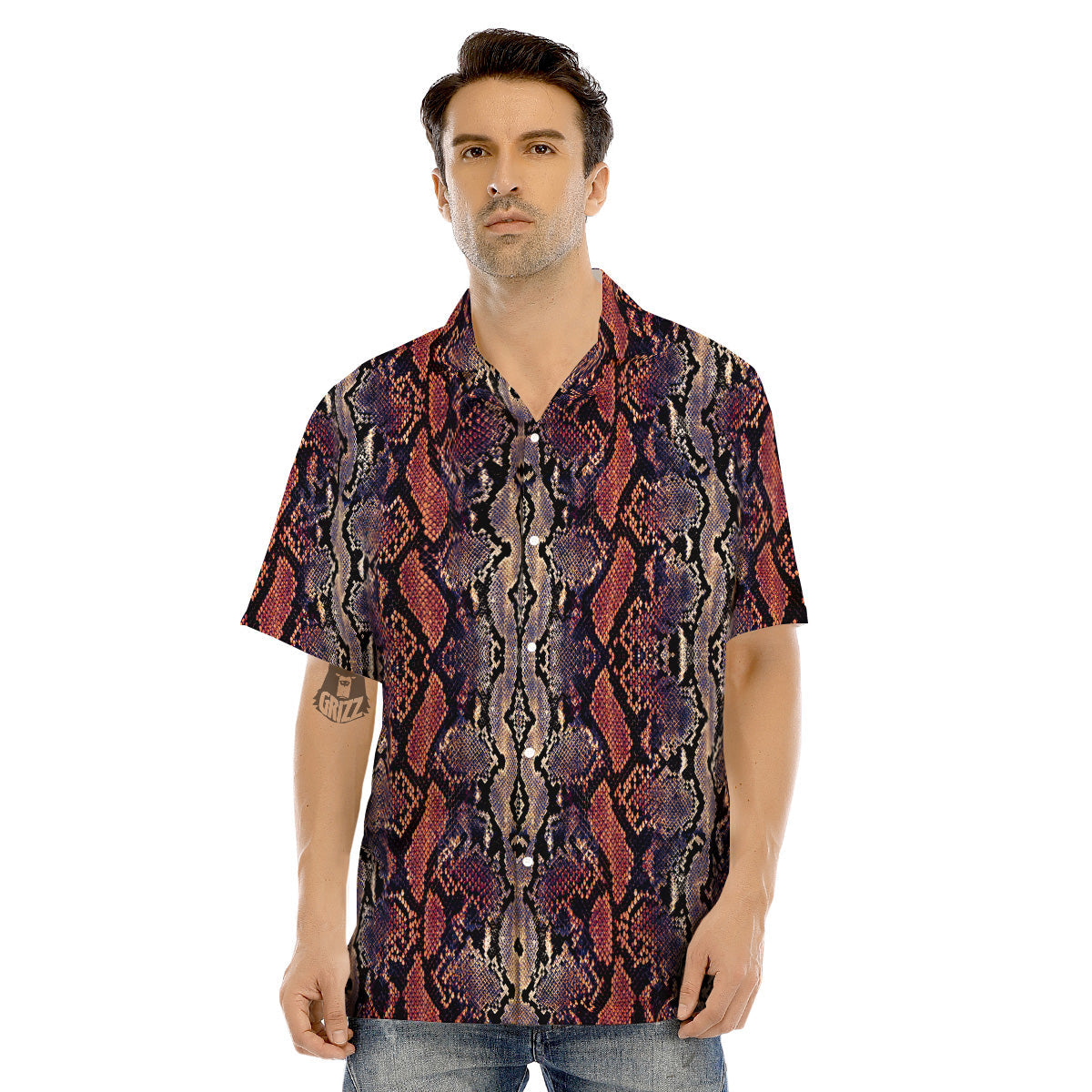 Python Snakeskin Brick Red Print Men's Hawaiian Shirt-grizzshop