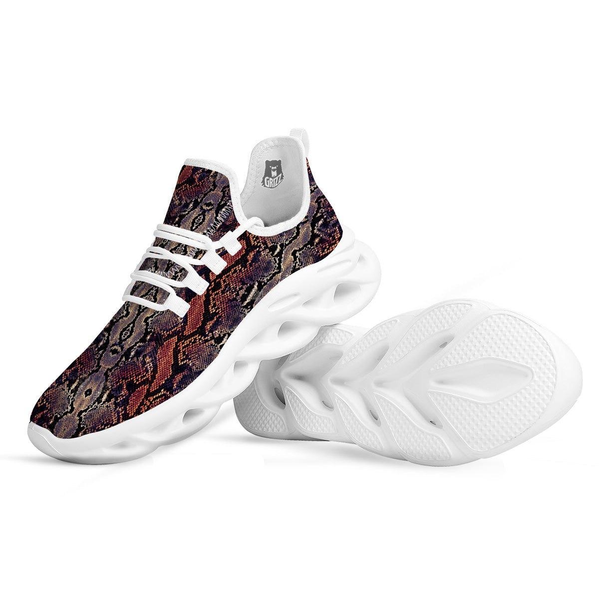 Python Snakeskin Brick Red Print White Running Shoes-grizzshop
