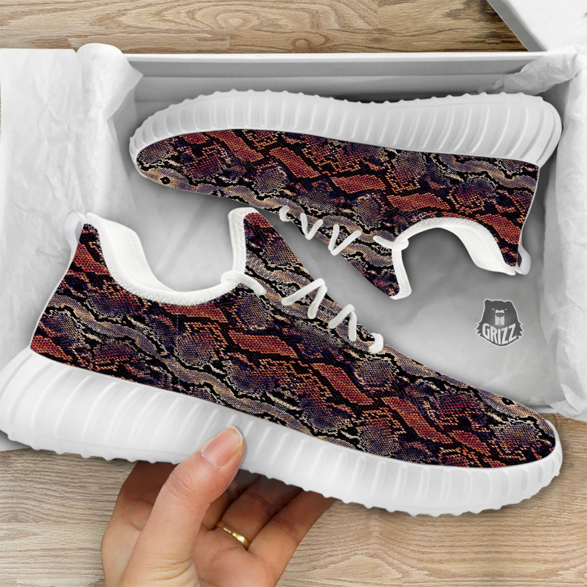 Python Snakeskin Brick Red Print White Walking Shoes-grizzshop