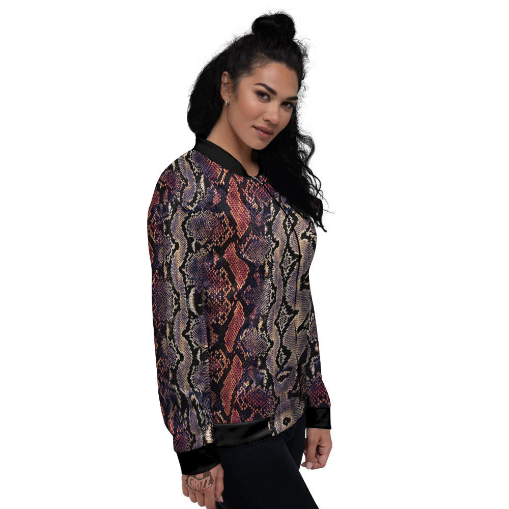 Python Snakeskin Brick Red Print Women's Bomber Jacket-grizzshop