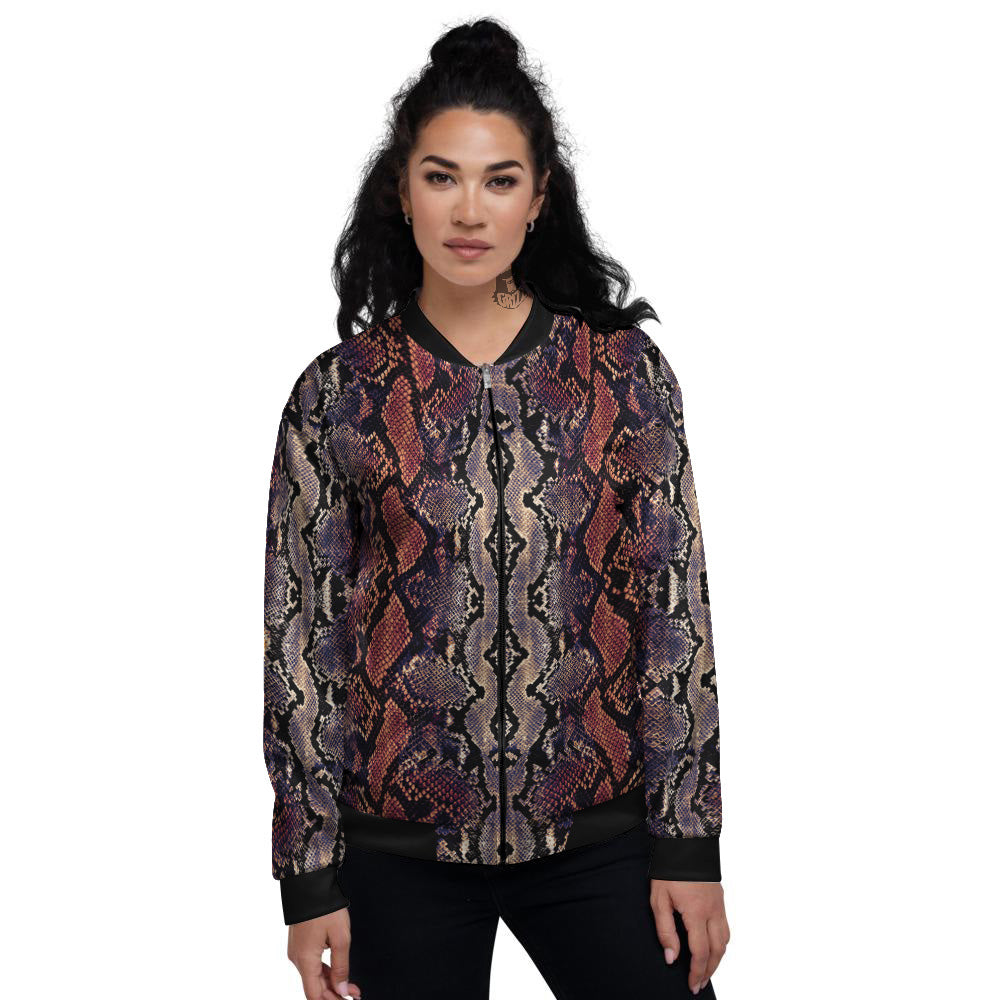 Python Snakeskin Brick Red Print Women's Bomber Jacket-grizzshop