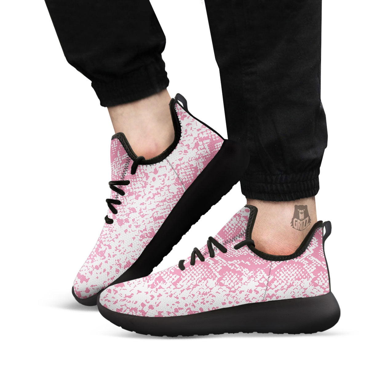Python Snakeskin Pink Print Black Athletic Shoes-grizzshop