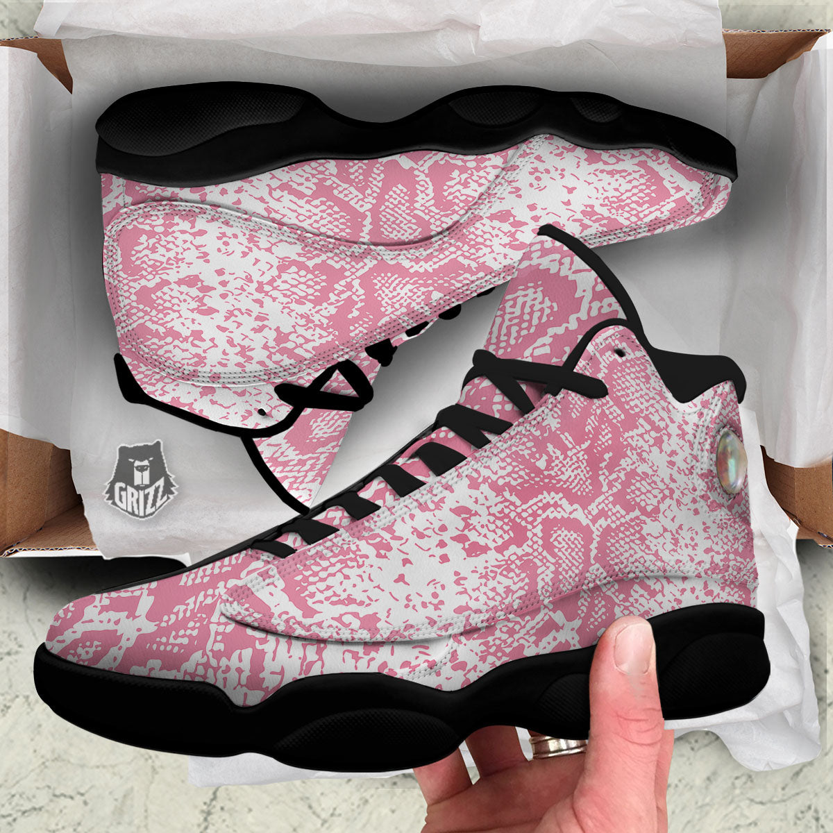 Python Snakeskin Pink Print Black Basketball Shoes-grizzshop