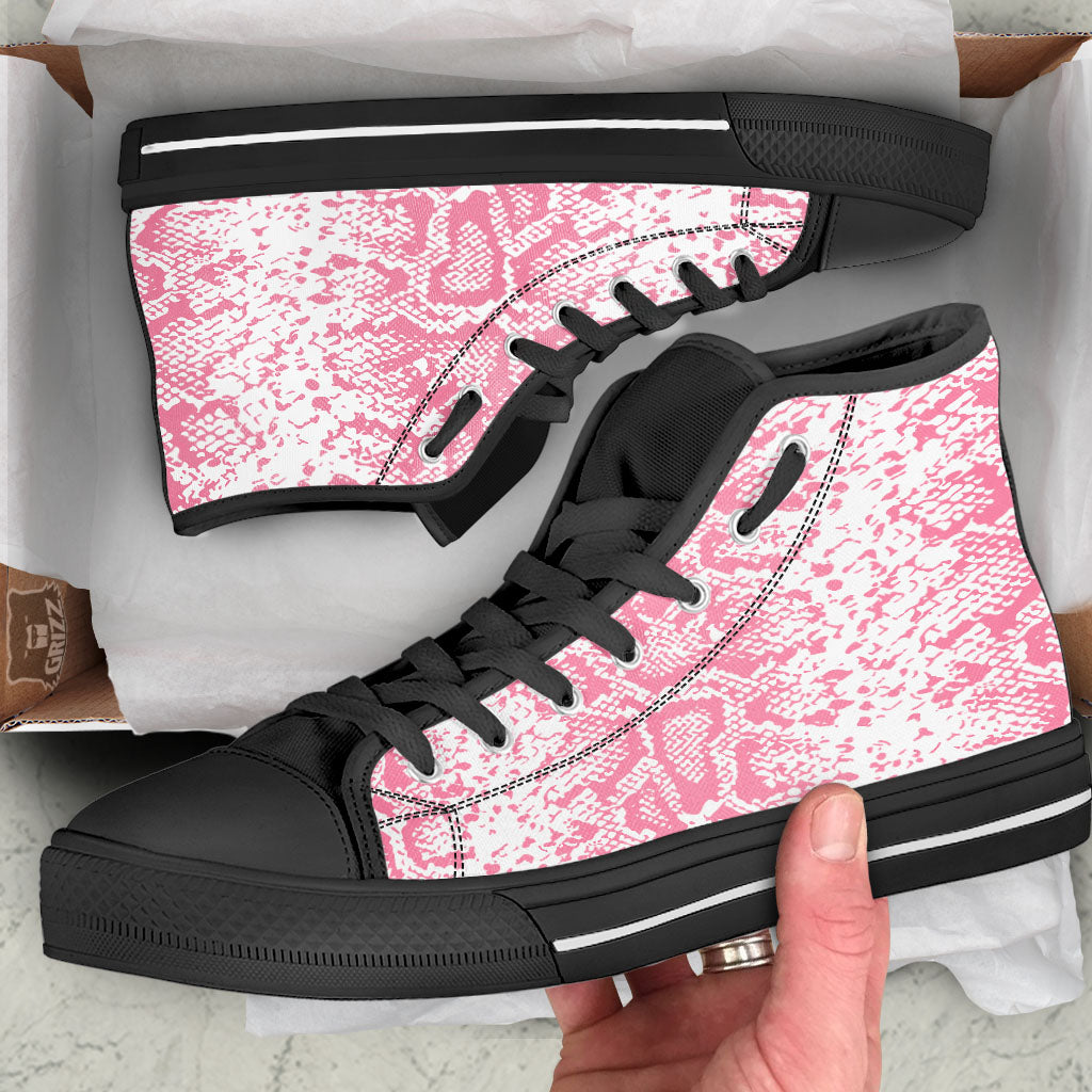 Python Snakeskin Pink Print Black High Top Shoes-grizzshop