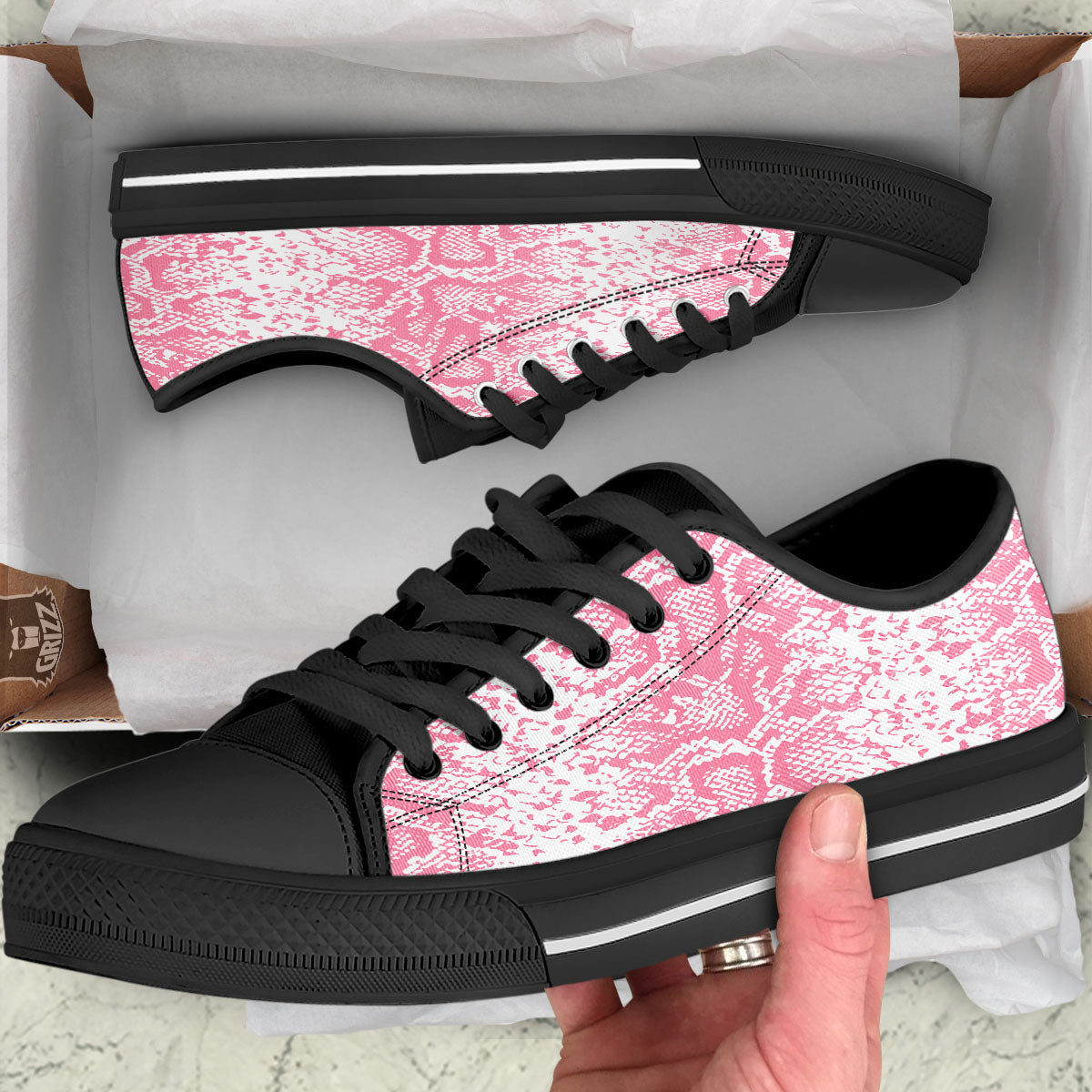 Python Snakeskin Pink Print Black Low Top Shoes-grizzshop
