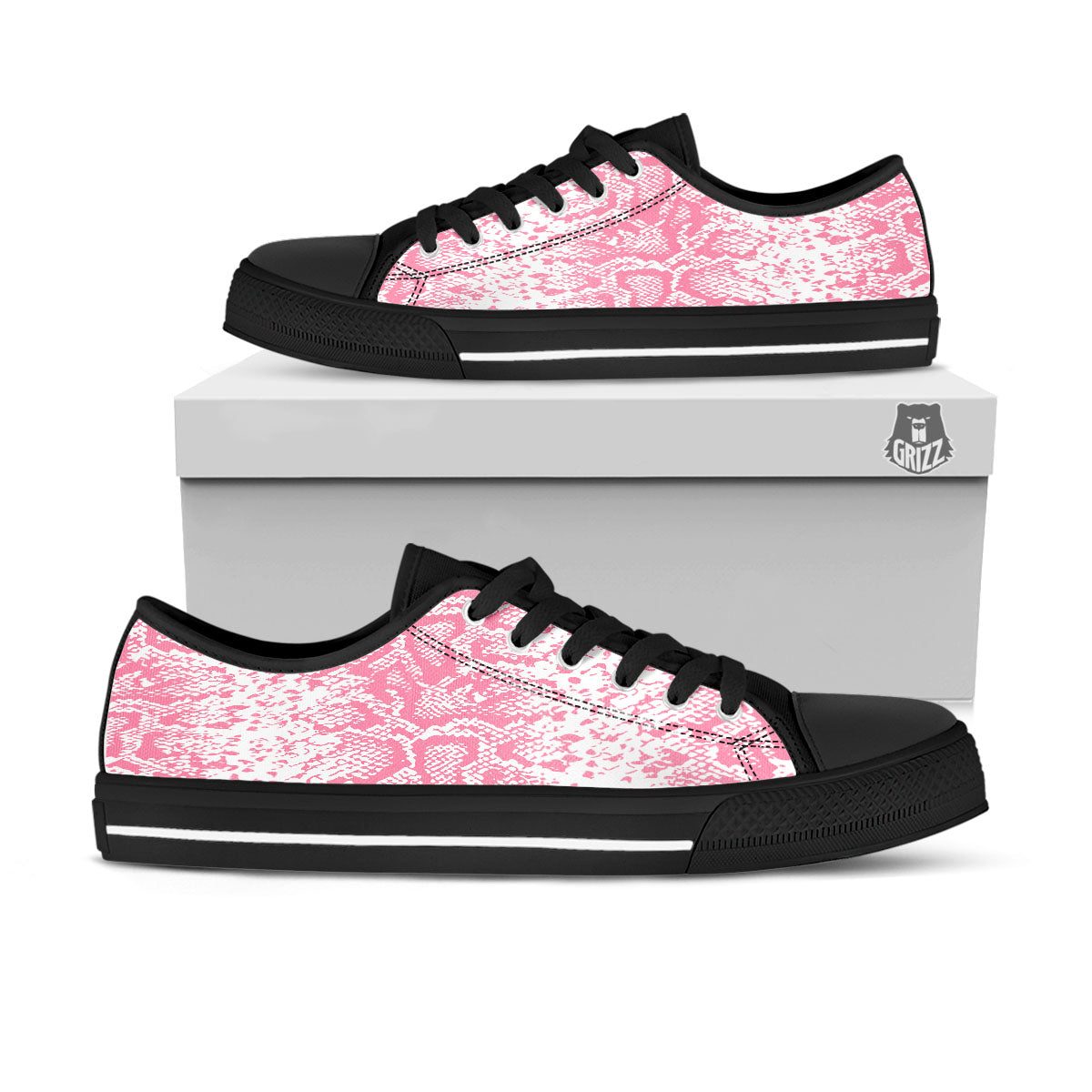 Python Snakeskin Pink Print Black Low Top Shoes-grizzshop