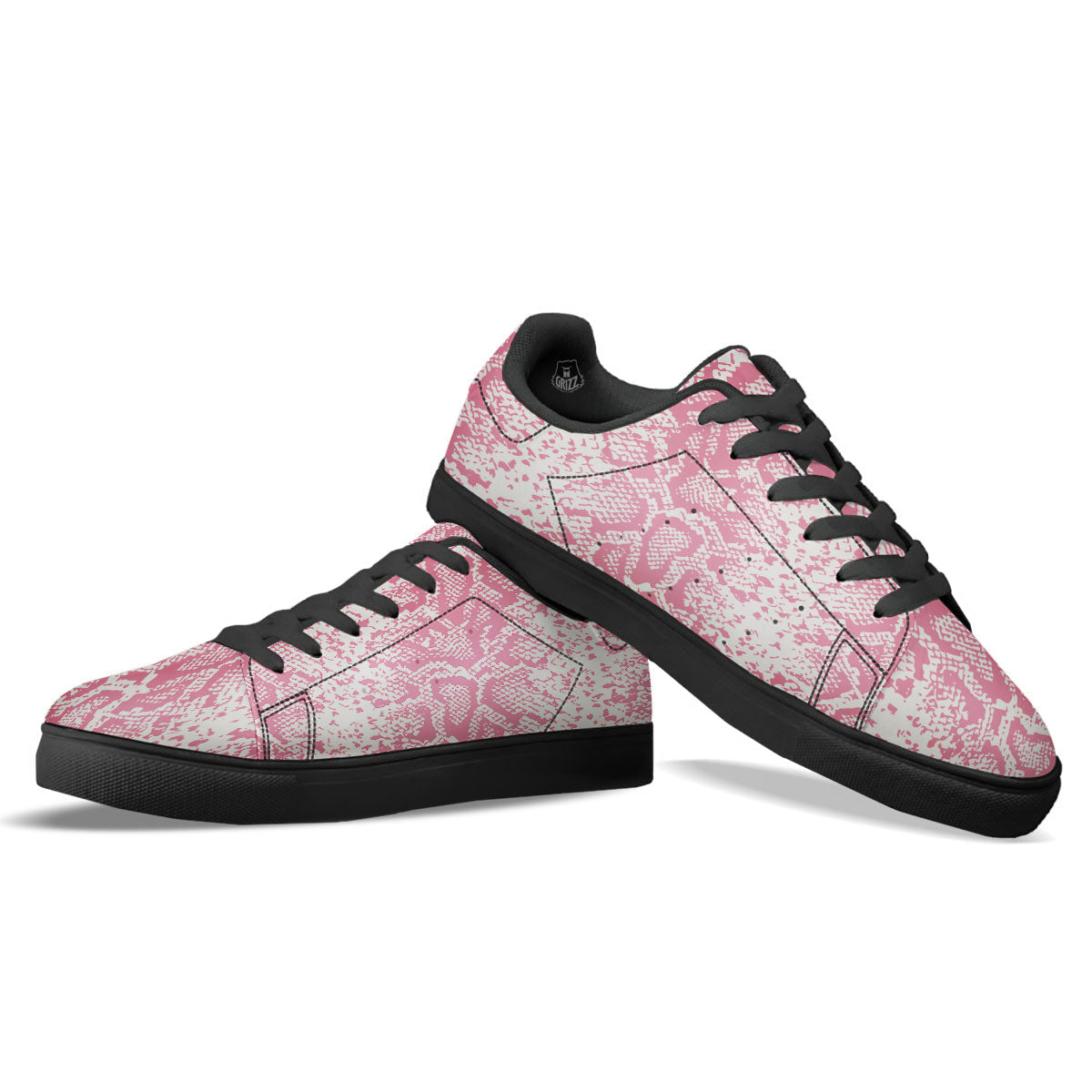 Python Snakeskin Pink Print Black Low Top Sneakers-grizzshop