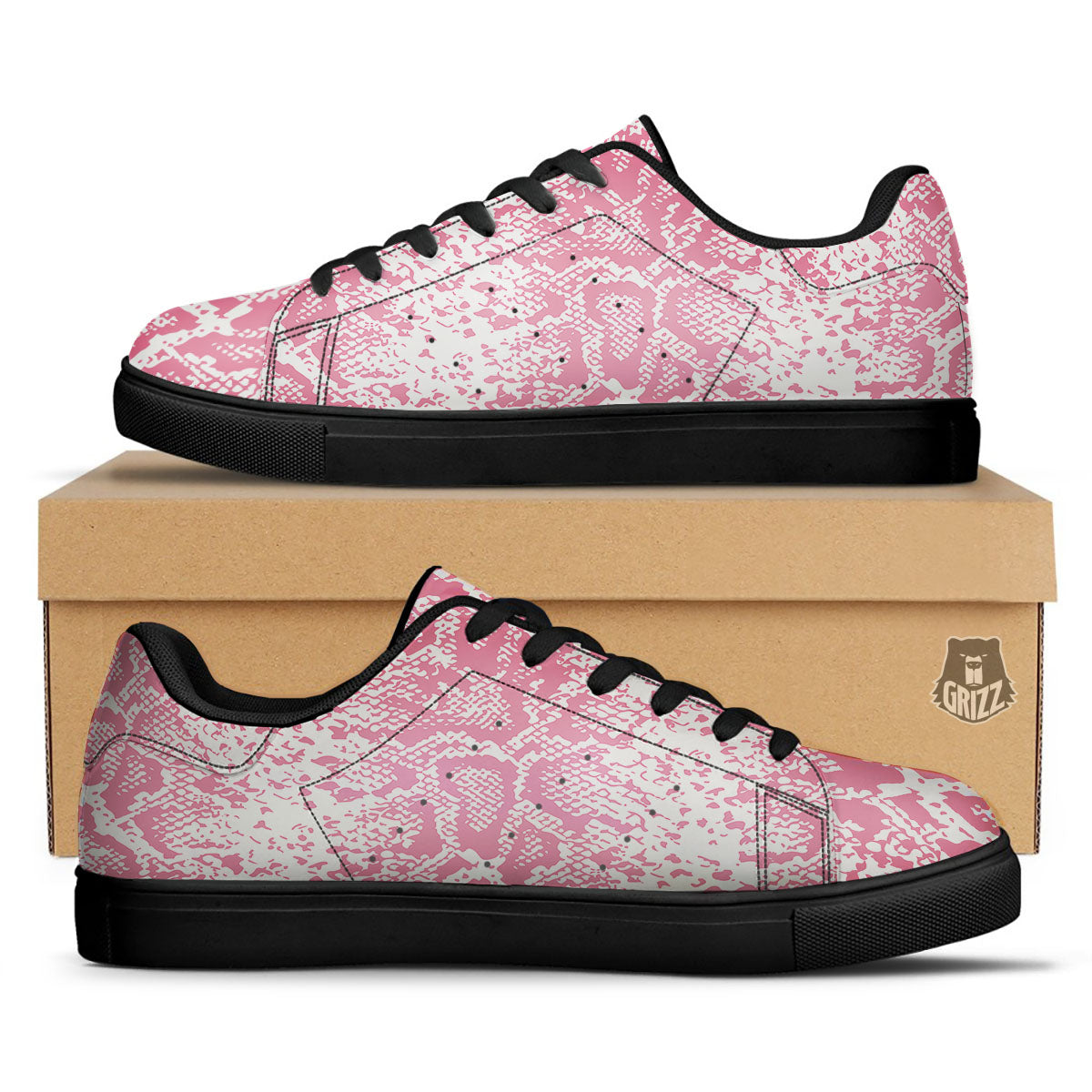 Python Snakeskin Pink Print Black Low Top Sneakers-grizzshop