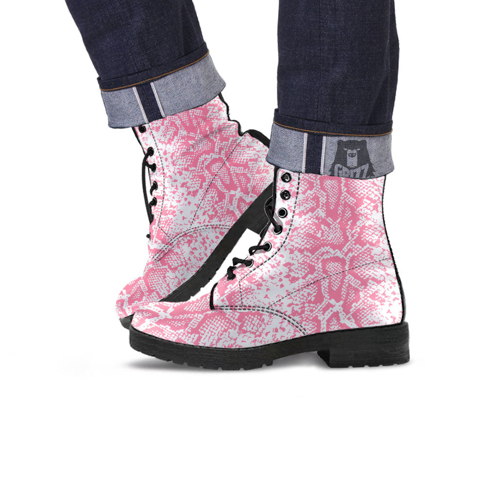 Python Snakeskin Pink Print Leather Boots-grizzshop