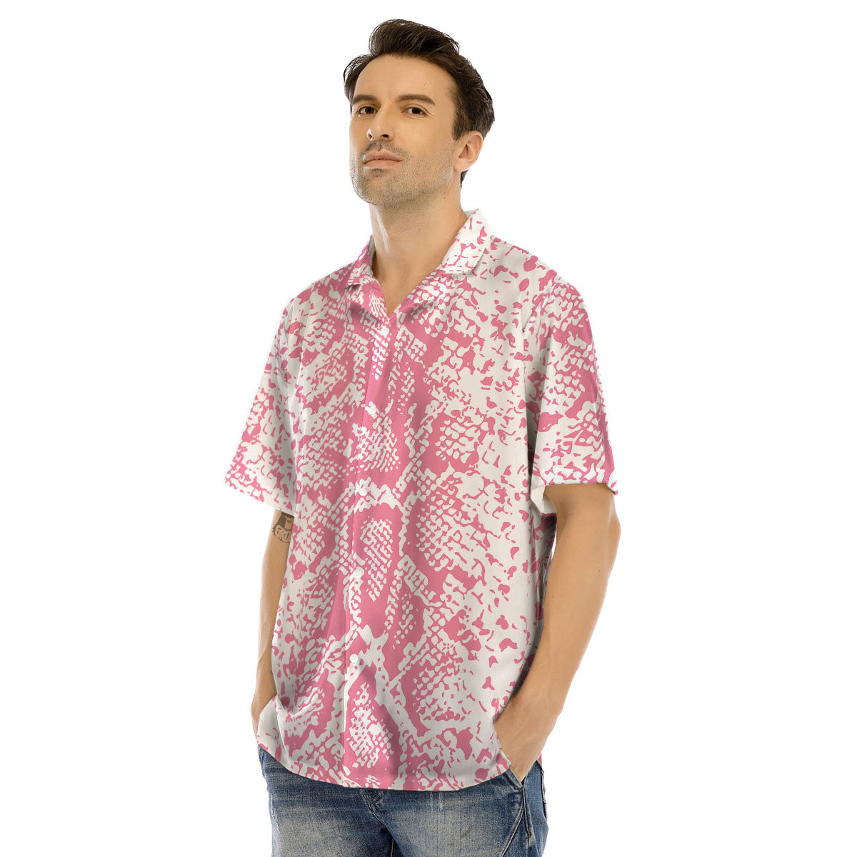Python Snakeskin Pink Print Men's Hawaiian Shirt-grizzshop