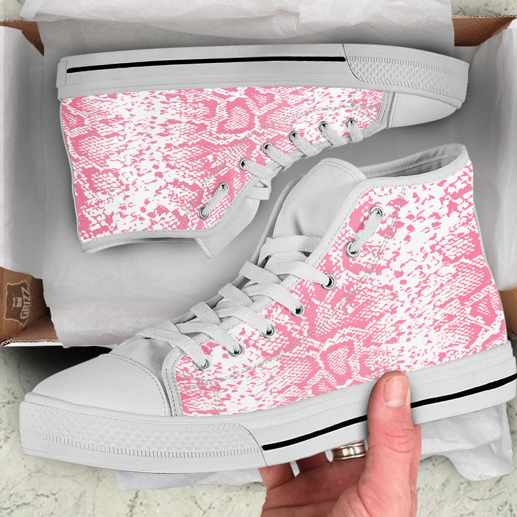 Python Snakeskin Pink Print White High Top Shoes-grizzshop