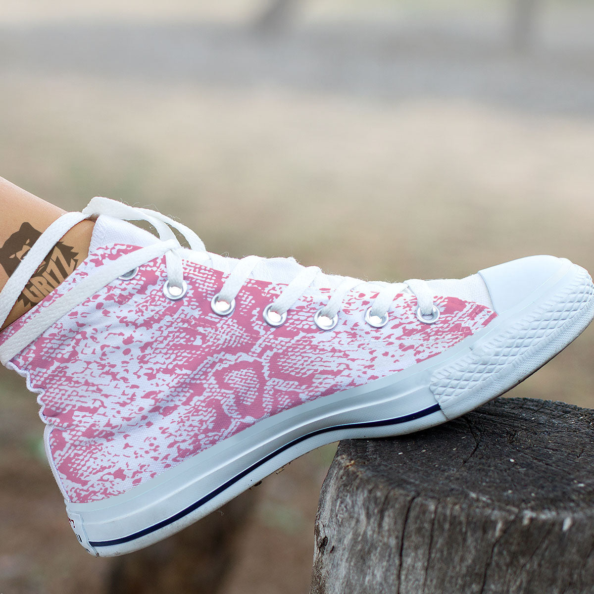 Python Snakeskin Pink Print White High Top Shoes-grizzshop