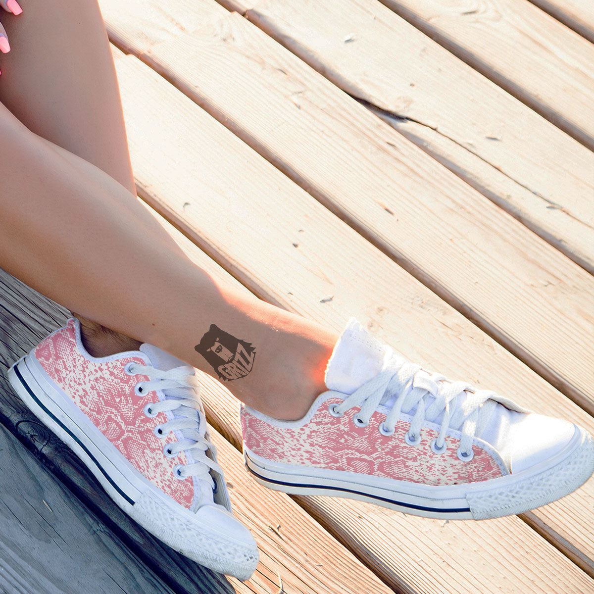Python Snakeskin Pink Print White Low Top Shoes-grizzshop