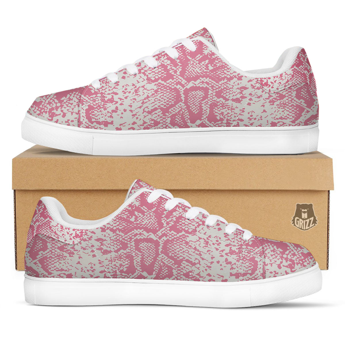Python Snakeskin Pink Print White Low Top Sneakers-grizzshop