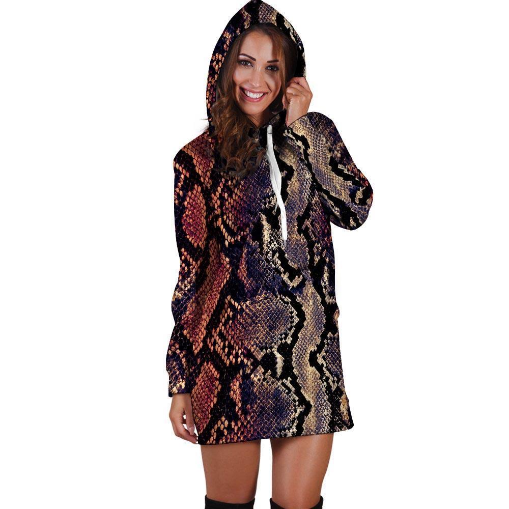 Python Snakeskin Print Hoodie Dress-grizzshop