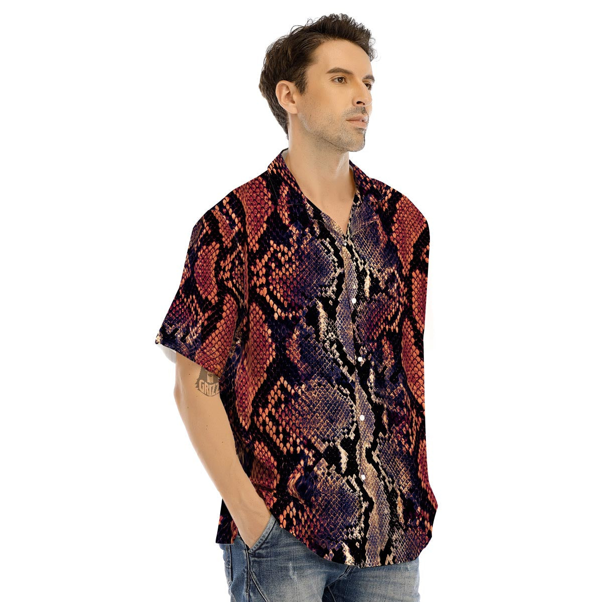 Python Snakeskin Print Men’s Hawaiian Shirt-grizzshop