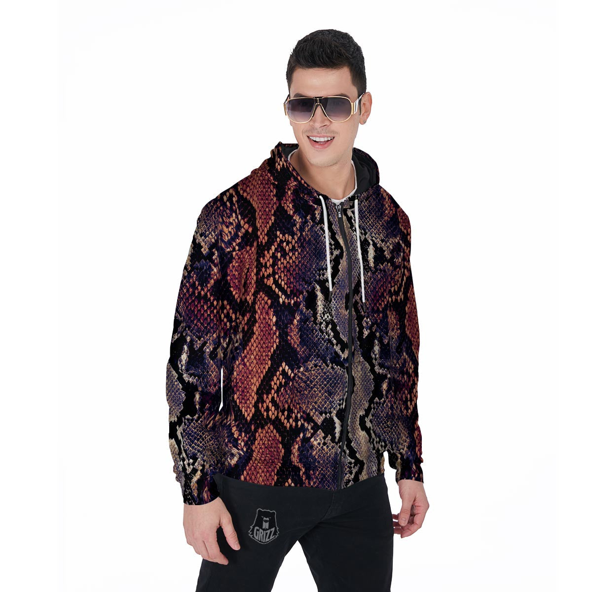 Python Snakeskin Print Men's Zip Up Hoodie-grizzshop