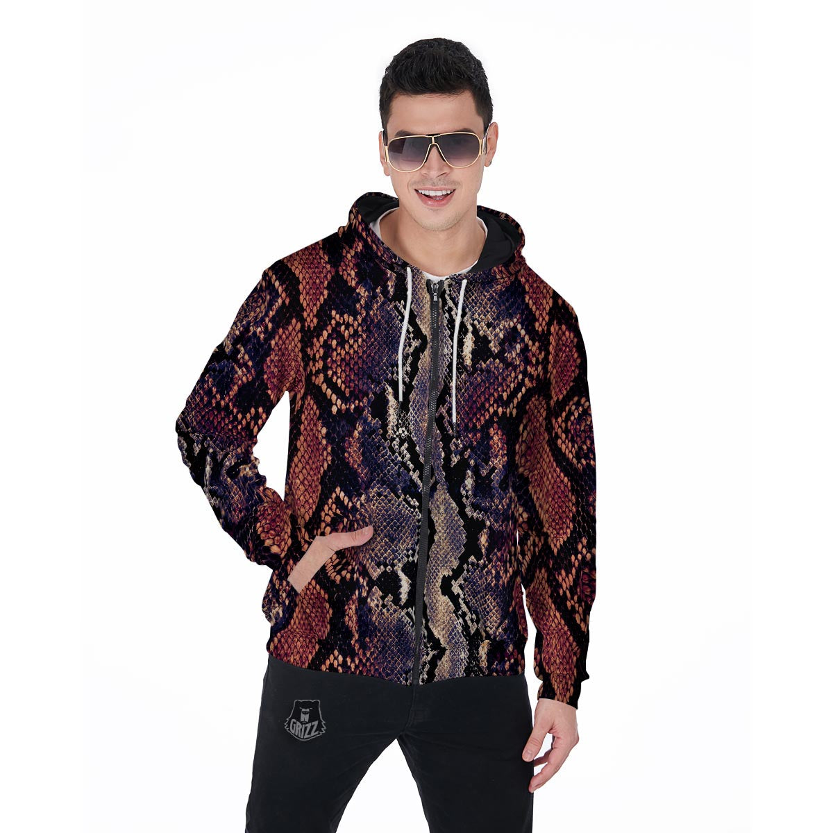 Python Snakeskin Print Men's Zip Up Hoodie-grizzshop