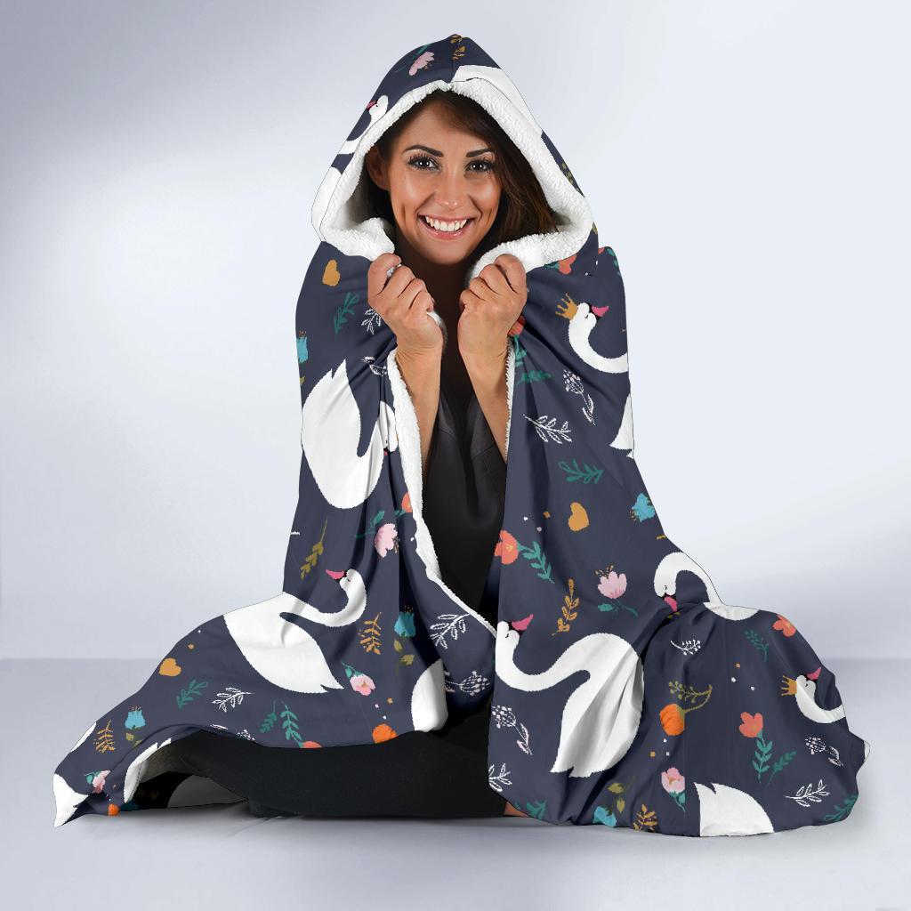 Queen Floral Swan Pattern Print Hooded Blanket-grizzshop