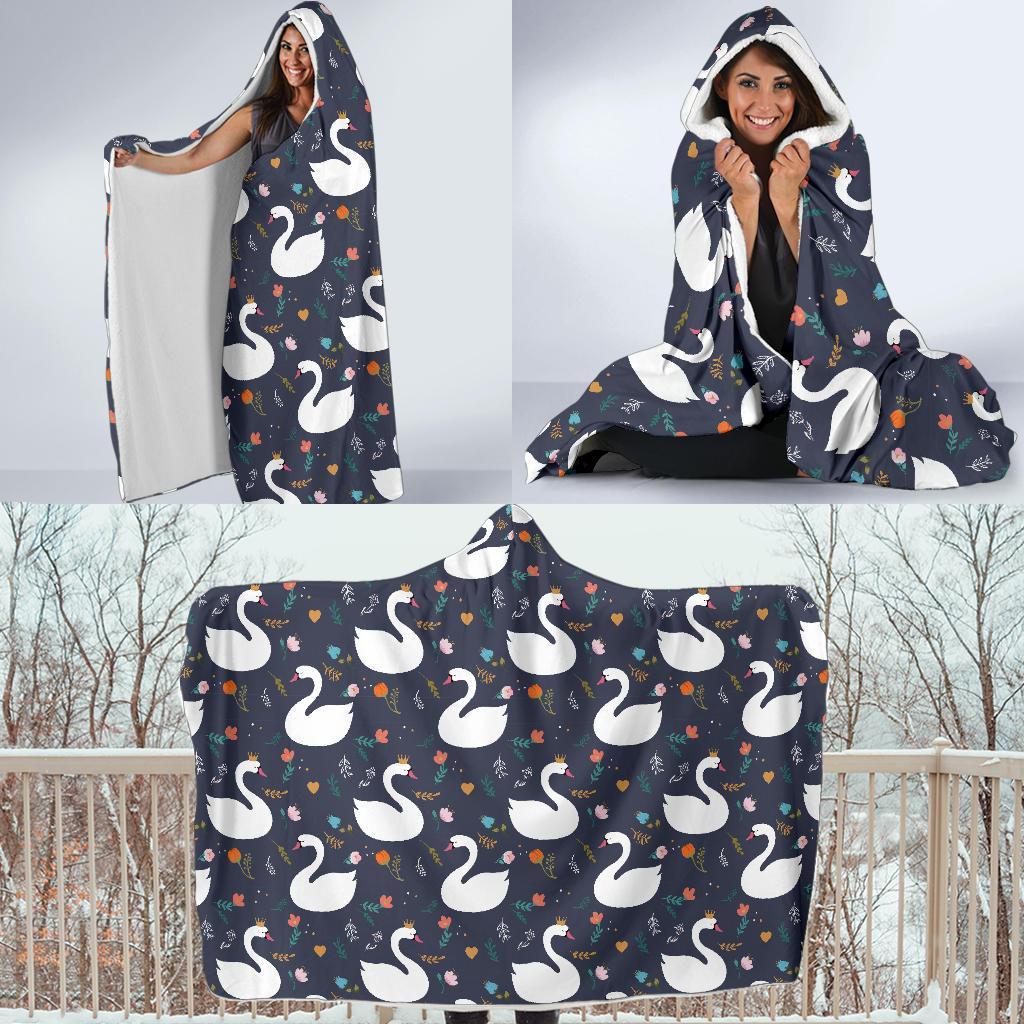 Queen Floral Swan Pattern Print Hooded Blanket-grizzshop
