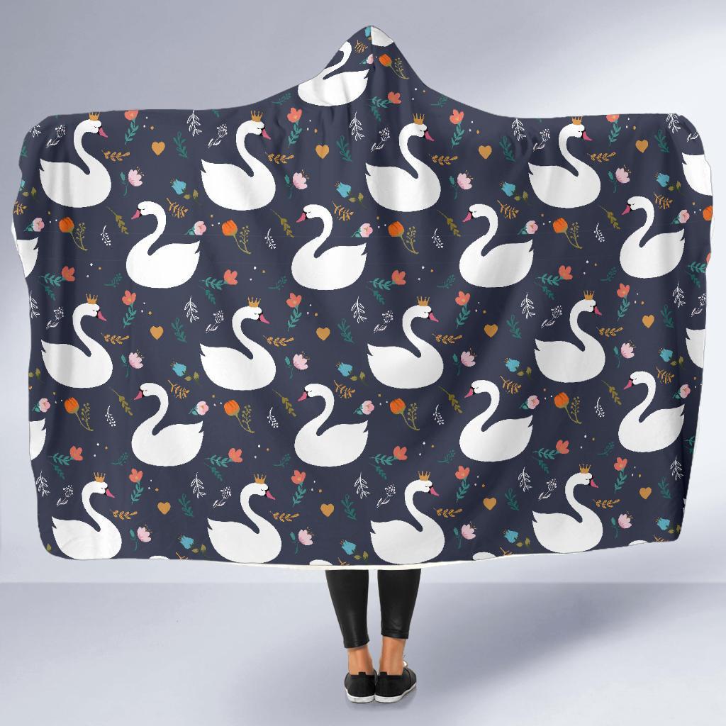Queen Floral Swan Pattern Print Hooded Blanket-grizzshop