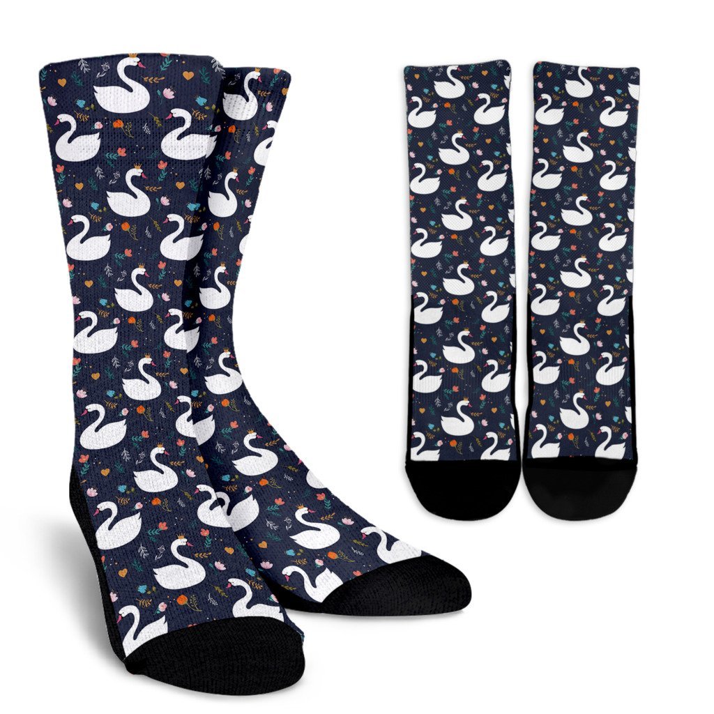 Queen Floral Swan Pattern Print Unisex Crew Socks-grizzshop