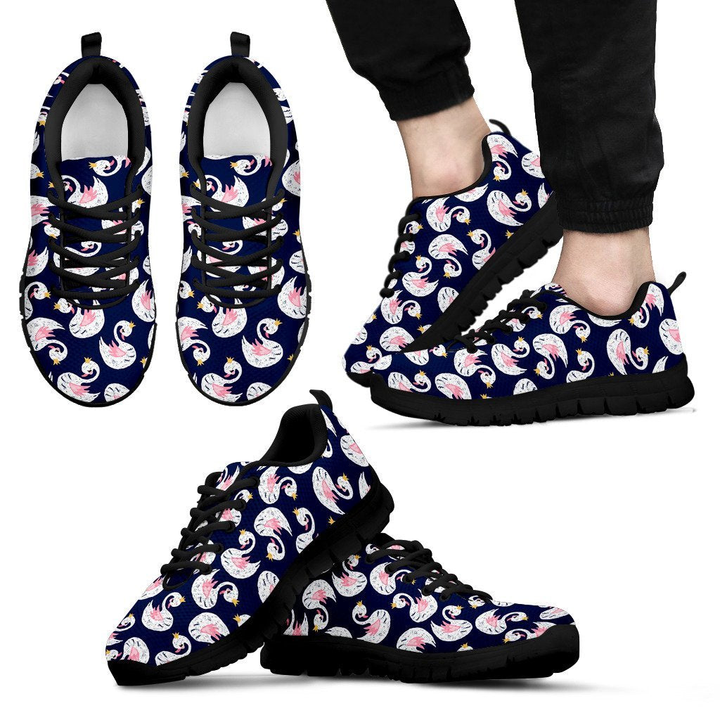 Queen Swan Pattern Print Black Sneaker Shoes For Men Women-grizzshop