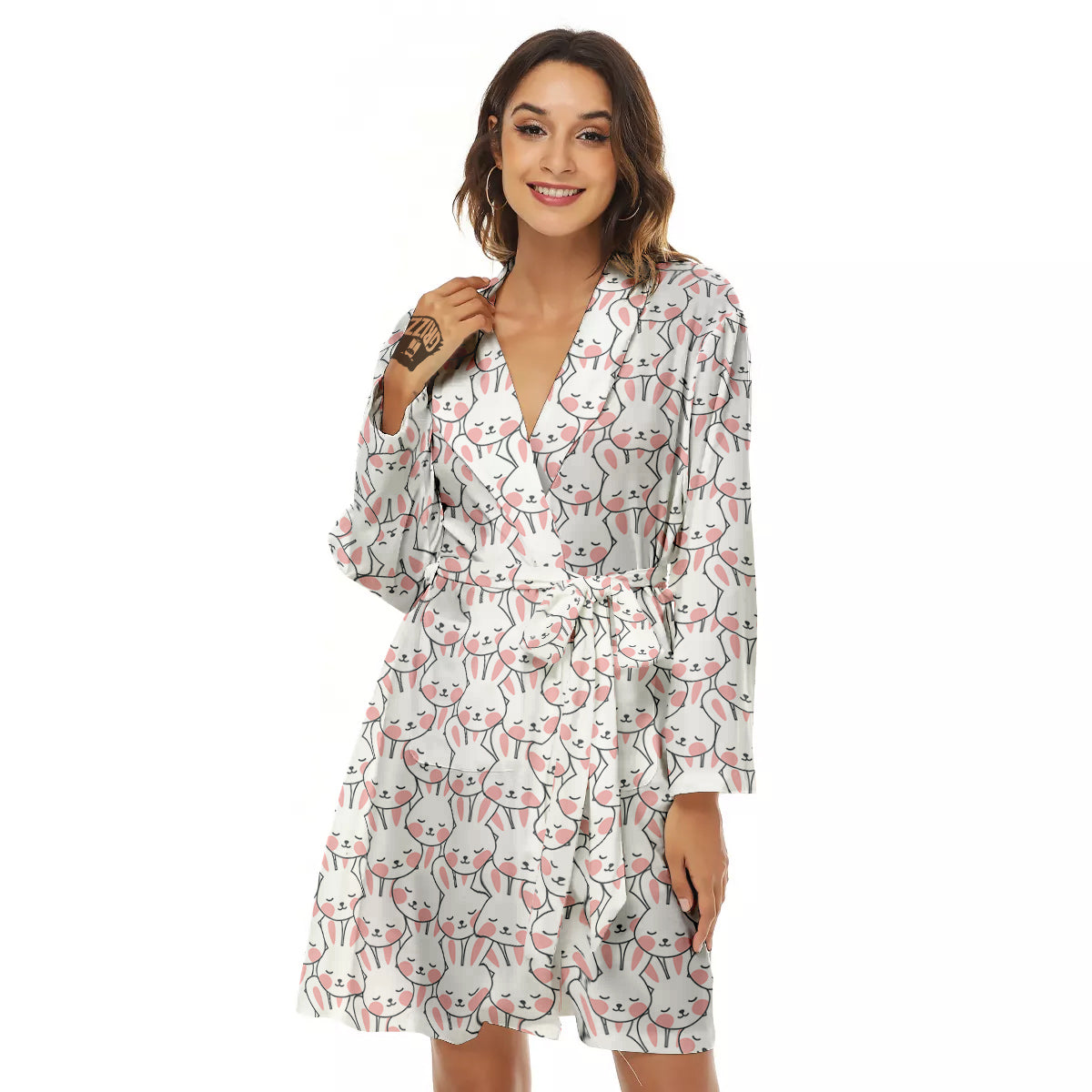 Rabbit Cute Print Pattern Women's Robe-grizzshop