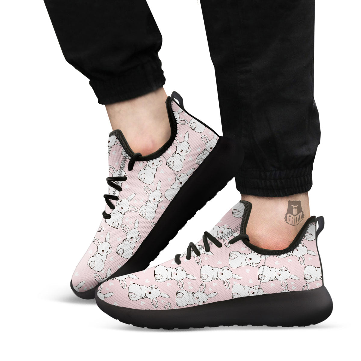 Rabbit Pink Print Pattern Black Athletic Shoes-grizzshop