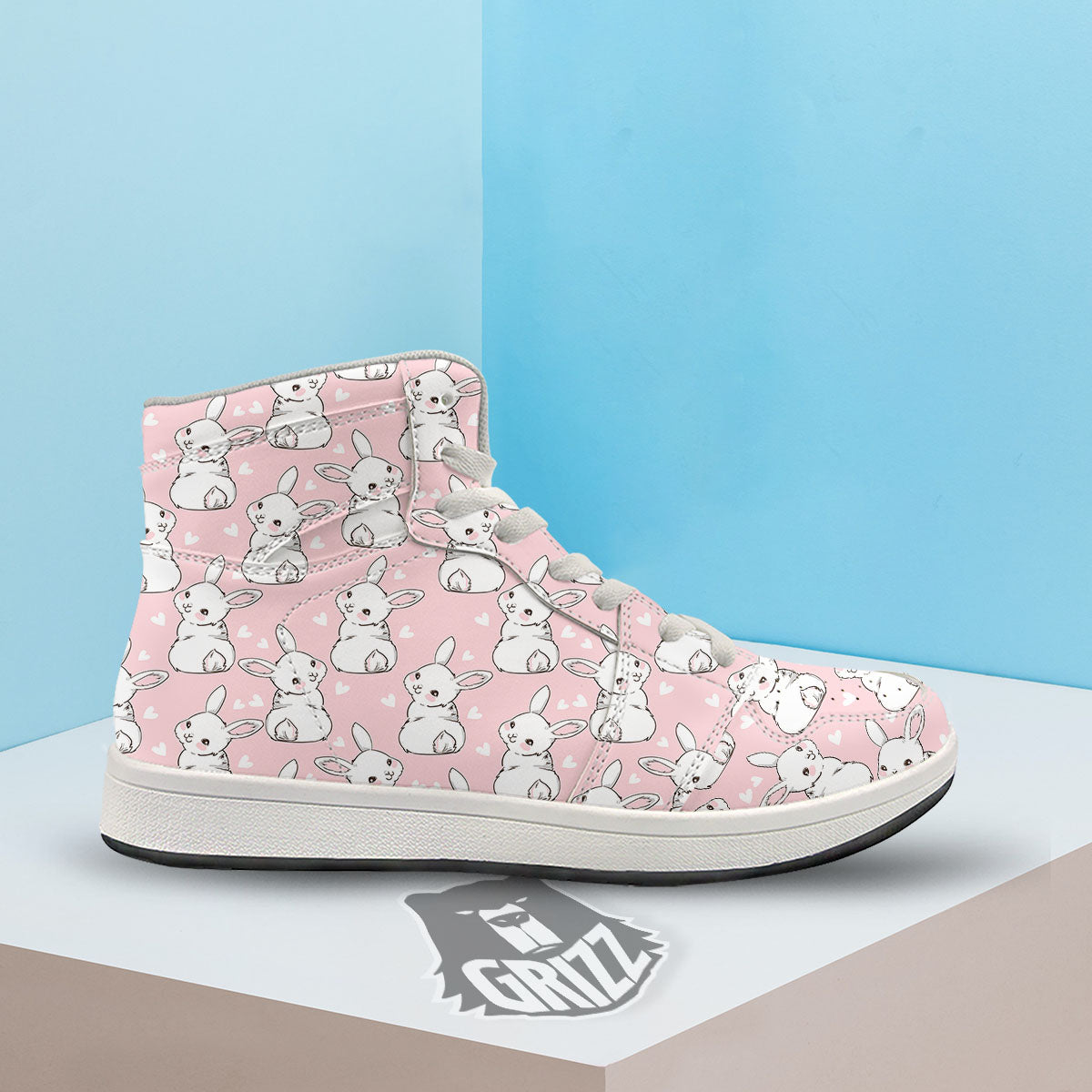 Rabbit Pink Print Pattern High Top Sneakers-grizzshop